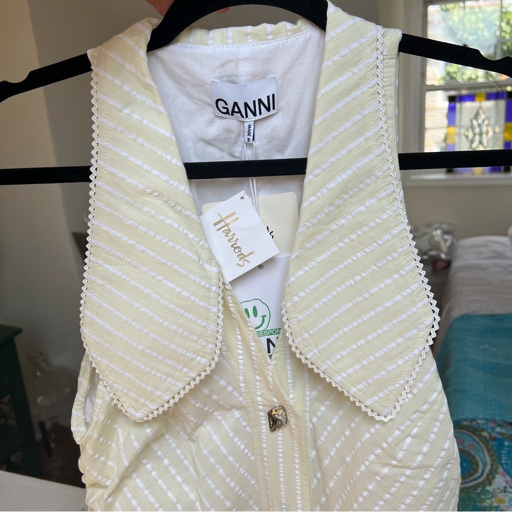 Ganni Seersucker Stripe Dress in Yellow and White